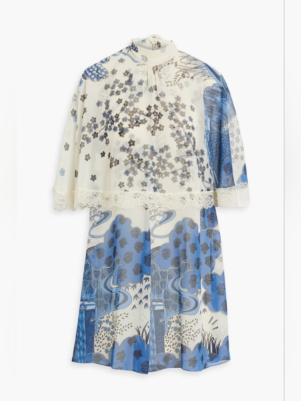 RED VALENTINO Cape effect Chinoiserie Lace trimmed Floral chiffon mini dress 2